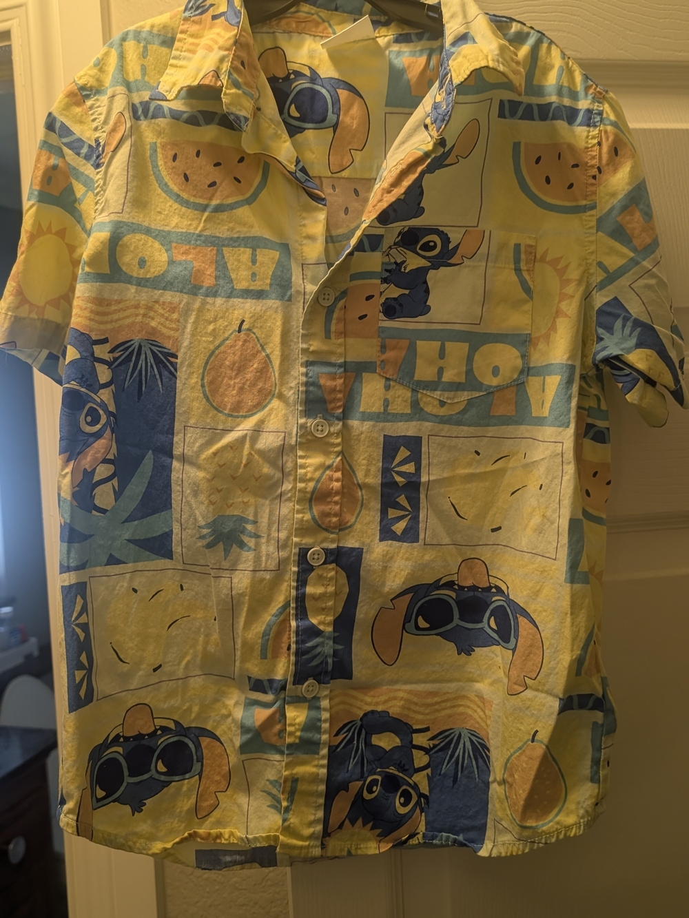 Disney Stitch Tropical Print Short Sleeve Shirt in Yellow, Blue & Orange